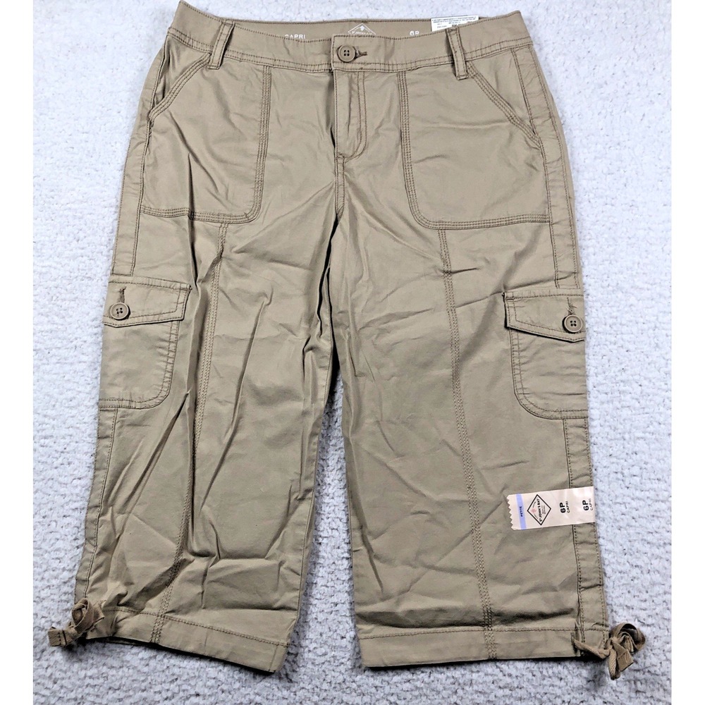 St Johns Bay Cargo Capri Women 6‎ P Tan Mid-Rise Easy Fit Through Hip Thigh NEW